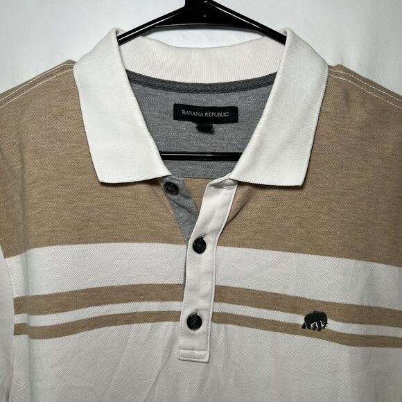 Banana Republic Polo Shirt Mens Size Large White Tan Gray Colorblock Elephant - Picture 9 of 12